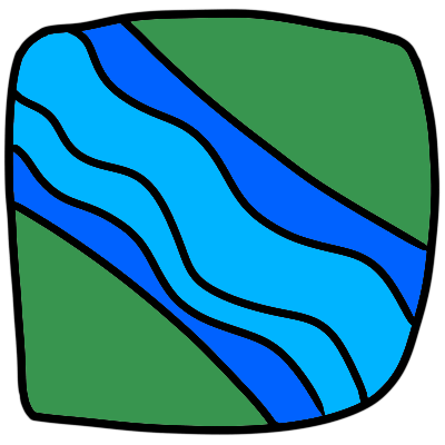A green rounded squareish shape, with a thick blue wavy water flowing through it.